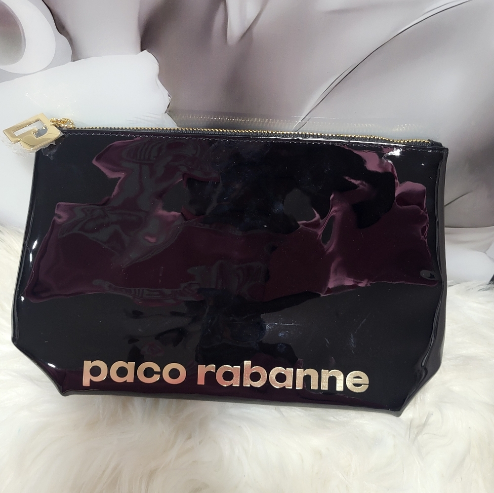 Paco Rabanne Black Faux Patent Leather Clutch Makeup Bag Travel Pouch NWOT